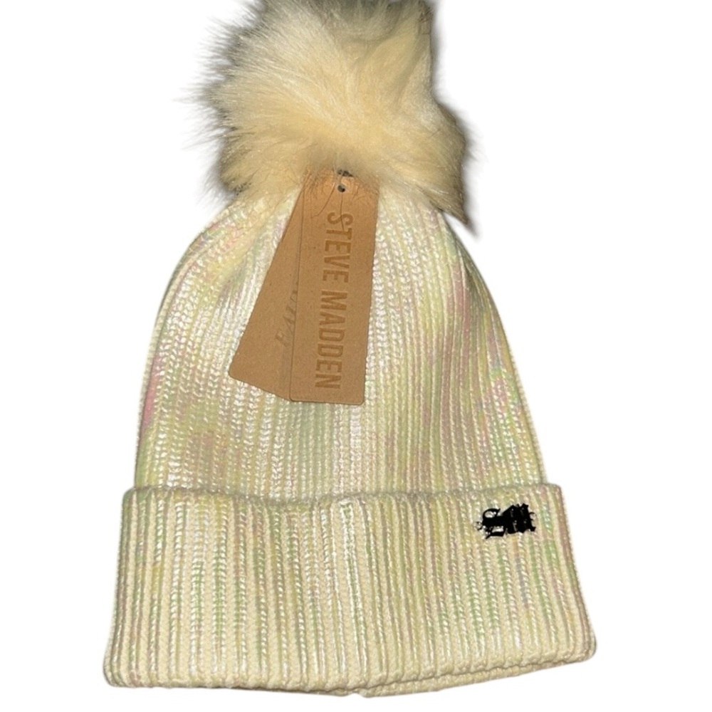 NWT Steve Madden Iridescent Cream Beanie with Pom Pom, Colors:Cream/Pink